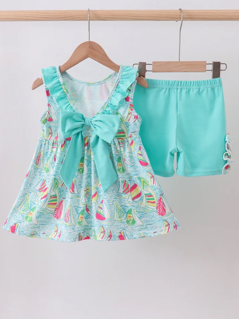 NWT BLUE SAILBOAT PRINT RUFFLE SHORTS SET BOW BACK GIRLS SIZE 4T 6 or 8